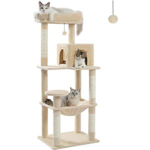 Cat Tree for Large Cats Adult with Metal Plush Big Hammock, 56.3" Cat Tower with 2 Door Condo House, 6-Tier Cat Shelves with Scratching Posts and Large Top Perch, Beige