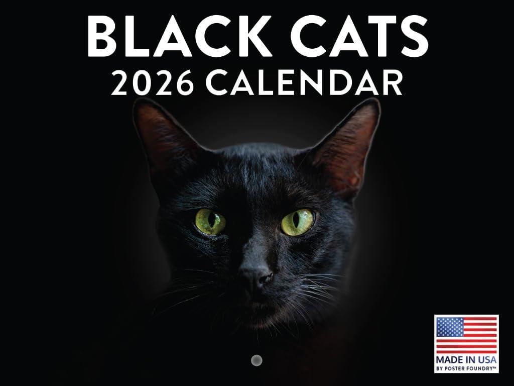 Black Cat Calendar 2026 Wall Black Cats Gifts For Cat Lovers Monthly Calender 12 Month | American Made In The USA