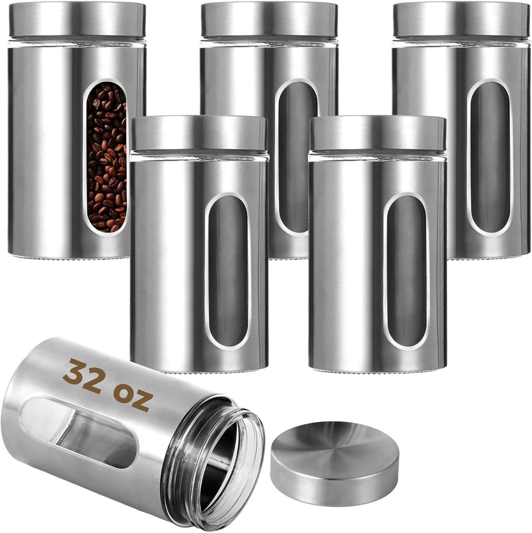 6 PCS Stainless Steel Glass Canisters, 32 oz Large Coffee Jar with Clear Window, Kitchen Canister with Airtight Lid, Food Storage Container Kitchen Organizer for Grain Tea Cookie Candy