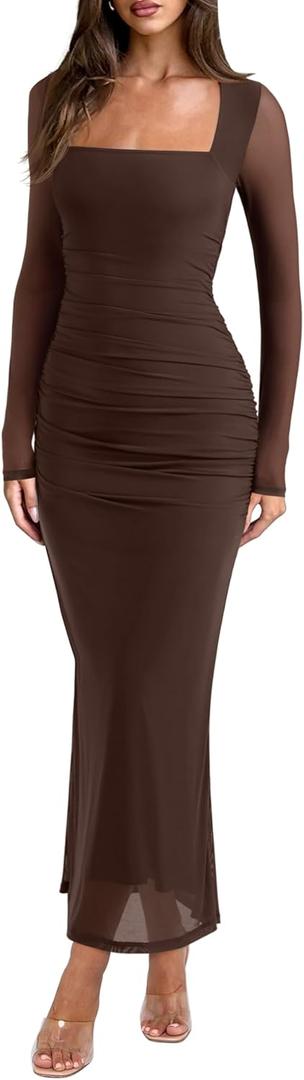REORIA Long Sleeve Wedding Guest Maxi Dresses for Women Sheer Mesh Square Neck Ruched Bodycon Long Dress 2026 Spring Outfits, L