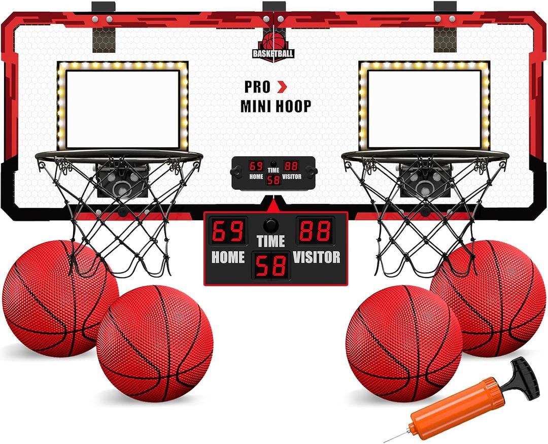 HYES 2 Player Basketball Game, Dual Shot Over The Door Mini Basketball Hoop Indoor with Scoreboard & LED, Basketball Toy Gifts for Kids Boys Girls Adults, Suit for Bedroom/Office/Outdoor/Pool, Red