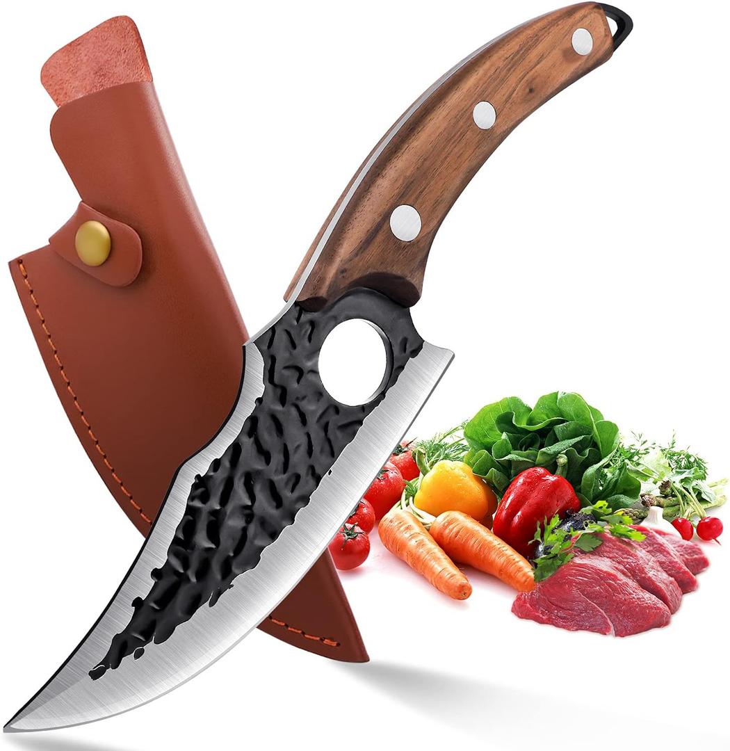 Upgraded Huusk Kitchen Chef Knife Viking Knife with Sheath Japanese Forged Japan Knives Boning Knife Multipurpose Meat Knives Outdoor Camping BBQ Knife with Gift Box (Brown)