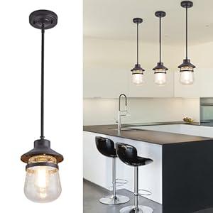Adjustable Mini Pendant Hanging Fixtures with Seeded Glass Shade, Oil Rubbed Bronze, 3 mounting options or Pitched Roof, Farmhouse Metal Lantern for Kitchen Island, Entryway, Dining Room, Hallway, Sinks