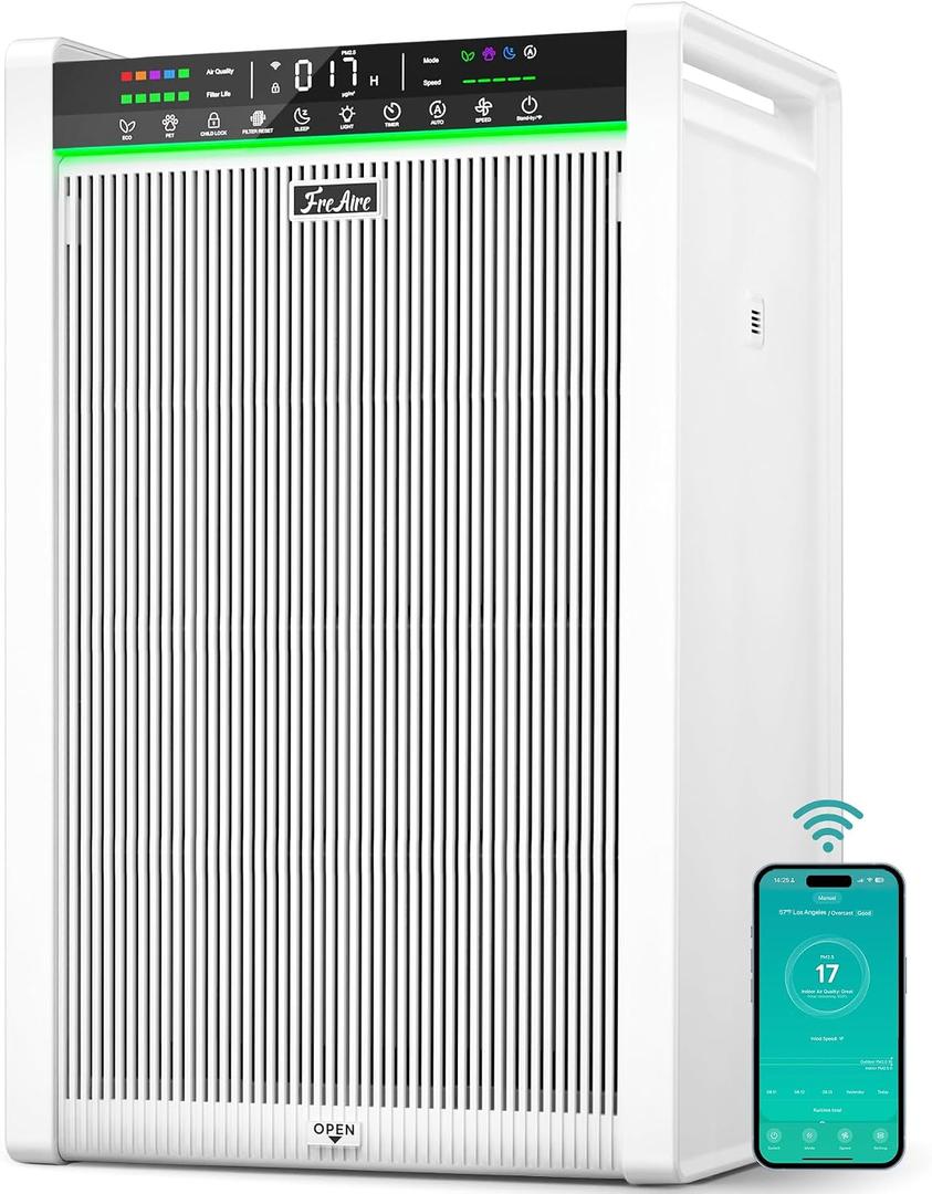 FreAire Air Purifiers for Home Large Room up to 3,850 Ft², HEPA Air Purifier with Smart APP Control & Washable Filter, Large Real-Time PM2.5 Display, Auto Pet ECO Modes for PoIIen Pet Dander Smoke
