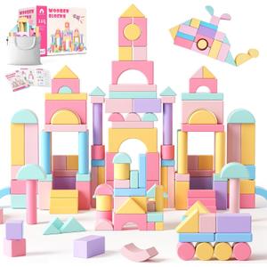 VigorFun 110 PCS Wooden Building Blocks Set - Construction Stacking Toy with Storage Bag, Montessori Preschool Toys for Toddlers Kids Birthday Gifts Ages 3+