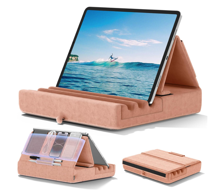 KDD Tablet Pillow Holder, Foldable iPad Stand for Lap, Bed and Desk -Tablet Soft Pad Dock with Pocket & Stylus Mount Compatible with iPad Pro 12.9, 10.5, 9.7 Air Mini 6 5 4 3, Galaxy Tab,E-Reader