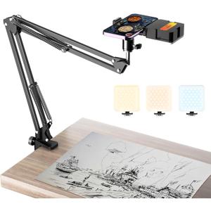 Overhead Phone Mount with Rechargeable Light for iPhone, Desk Tripod with Clamp for Content Creator Camera Recording, Top Down Holder Stand for Filming/Live/Cooking/Unboxing/Drawing/YouTube/TikTok