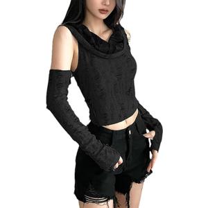 QJK Hooded Off Shoulder Gothic Bodycon Crop Top with Sleeve (Black, L)