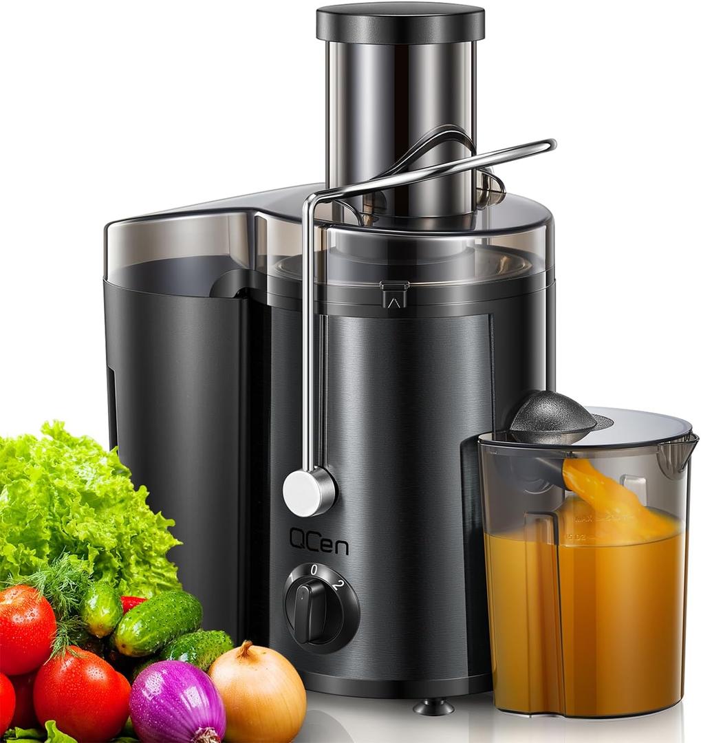 QCen Juicer Machine, 500W Centrifugal Juicer Extractor with Wide Mouth 3 Feed Chute for Fruit Vegetable, Easy to Clean, Stainless Steel, BPA-free (Metallic Black)