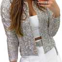 qfmqkpi Womens Sparkly Sequin Open Front Blazer Coat Puff Long Sleeve Crop Jacket (Medium, Silver)