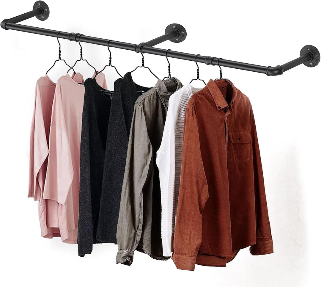 Clothes Hanger Pole Wall Mount, 72" Heavy Duty Detachable Black Iron Garment Bar Hanging Rod Holder, Clothes Rail Shelf Wardrobe Organizer for Laundry Room & Closet Storage, 3 Base