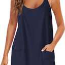 Panadila Womens Summer Sleeveless Mini Dress V Neck Spaghetti Strap Sundress Athletic Short Dress with Pockets (Blue, XS)