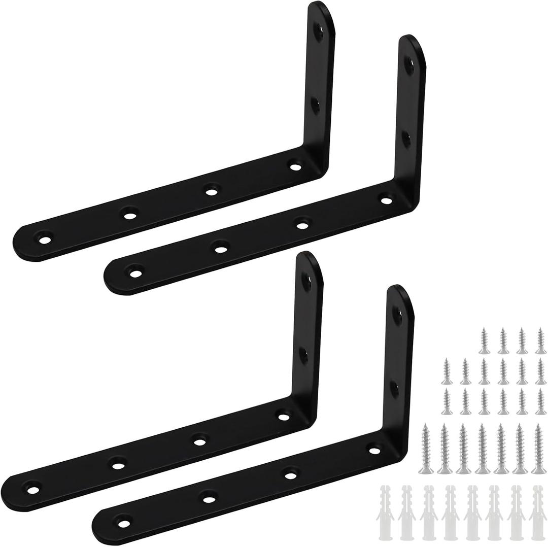 Luomorgo 4 Pcs L Brackets for Shelves, Heavy Duty Stainless Steel L Shaped Bracket, Decorative Corner Brace Joint Right Angle Bracket Wall Hanging with Screws, 5 x 3 Inch, Black