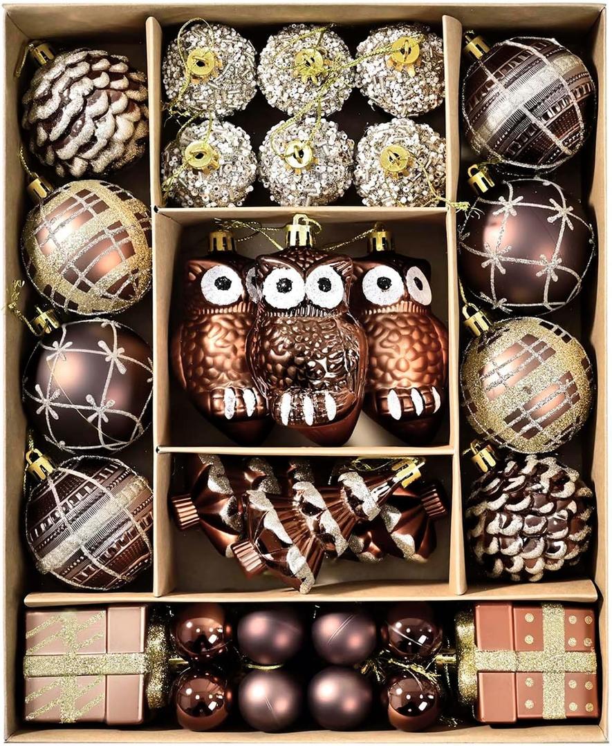 Christmas Ball Ornaments Set, 38ct 2.36 Inches Brown Gold Copper Assorted Xmas Tree Ball Ornaments, Shatterproof Christmas Tree Hanging Ornaments for Xmas Decoration