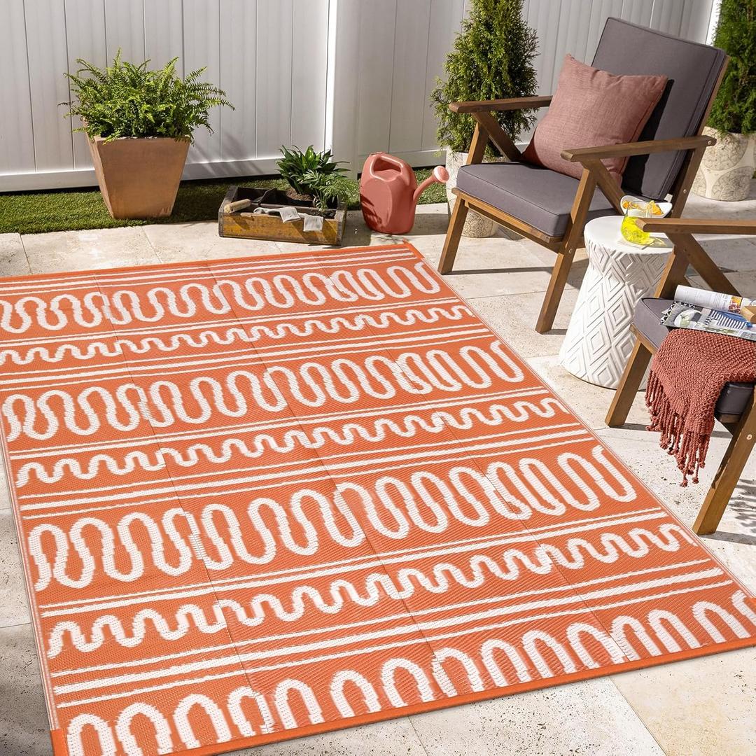 Beeiva Waterproof Outdoor Rug, 6x9 Plastic Outdoor Rug for Patio, Reversible Non Shedding RV Outdoor Mat for Deck, Balcony, Backyard, Porch, Camping, Picnic - Orange (Orange/White (Striped))