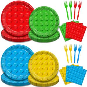 96 Pcs Building Block Party Supplies, Building Bricks Plates and Napkins Set Boys Girls Building Block Themed Dinnerware for Kids Baby Shower Birthday Party Decorations, Serves 24
