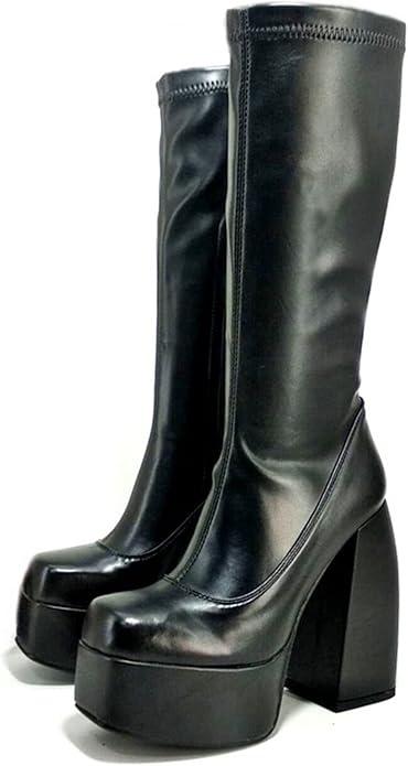 VOMIRA Ankle Boots for Women Chunky High Heel Sqaure Toe Side Zipper Pu Leather Stretch Boots Platform GoGo boots, size 10/43
