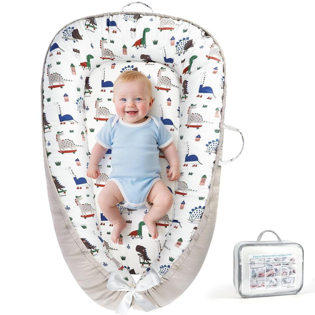 KISS GOLD URMYWO Baby Lounger - Breathable Soft Cotton Cover Baby Lounger Nest, Babies Essentials Gifts, Portable Infant Lounger for Baby Tummy Time Floor Playing Seated Support for Home and Travel (Grey Dinosaur)