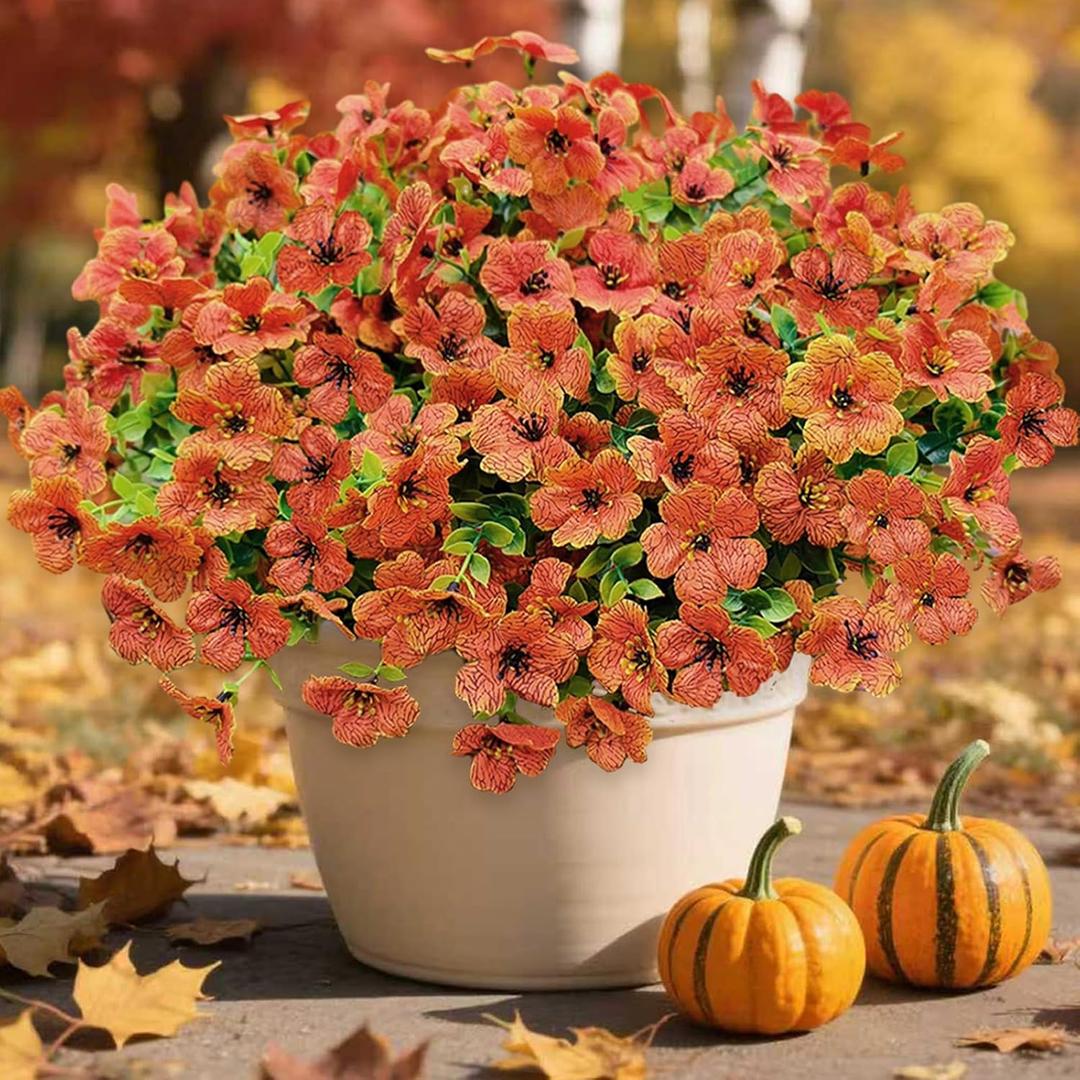 Artificial Mums for Outdoor Fall Decor Fall Flowers, 12 Bundles Fake Mums Artificial Flowers Fall Decorations for Home, Fake Plants for Outdoor Planters UV Resistant for Porch Yard Outside (Orange)