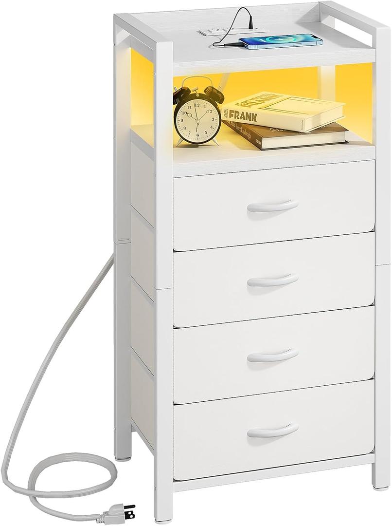Kitstorack White Night Stand with Charger Station & LED Light, Narrow Tall Dresser with 4 Fabric Drawers, Small Dresser with Shelves for Bedroom, Bedside Table for Tight Spaces