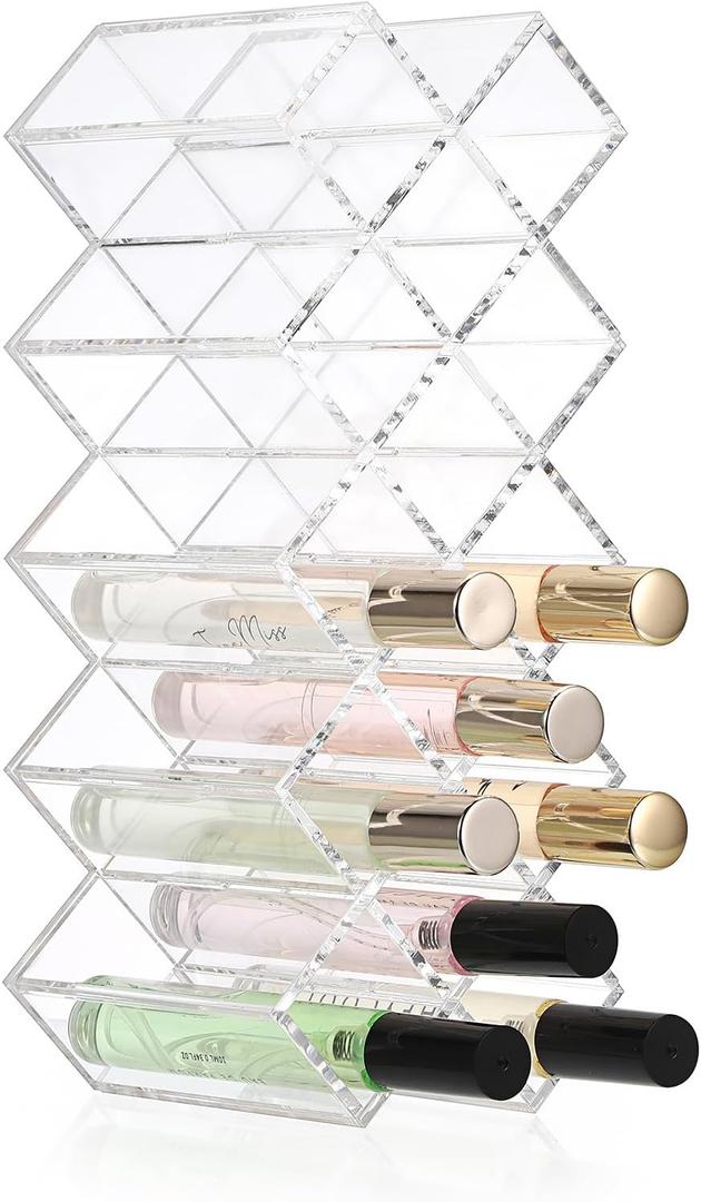 ELLDOO Rollerball Perfume Organizer, 14 Spaces Clear Acrylic Perfume Storage Holder Beauty Scent Holder, Stackable Makeup Lipgloss Lipstick Display Case Lip Gloss Storage Stand