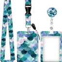 ID Badge Holder with Retractable and Detachable Lanyard, Cute Badge Reel Breakaway Lanyard with Carabiner Clip for Teachers, Nurses, Perfect Work and Office(Beautiful Green Mermaid Scales)