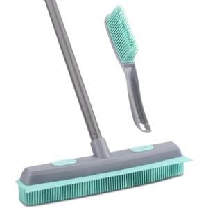 Conliwell Rubber Broom Carpet Rake for Pet Hair, Fur Remover Broom with Squeegee, Portable Detailing Lint Remover Brush (Iron Handle)