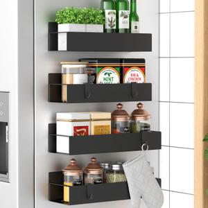 HuggieGems 4 Pack Magnetic Spice Storage Rack Organizer for Refrigerator and Oven, Black Fridge Organizers and Storage