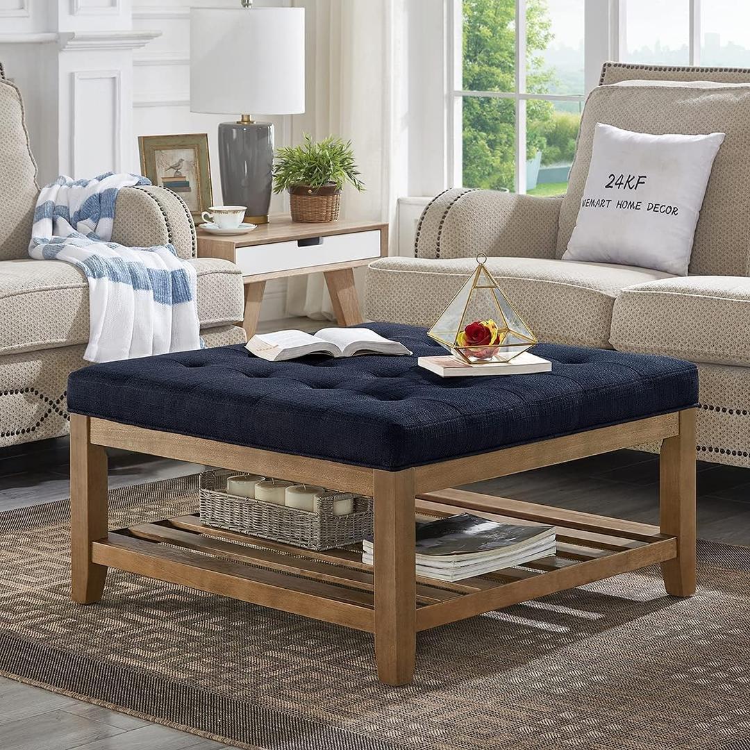 24KF Large Square Upholstered Tufted Linen Ottoman, Large Footrest Ottoman with Solid Wood Shelf- Navy Blue