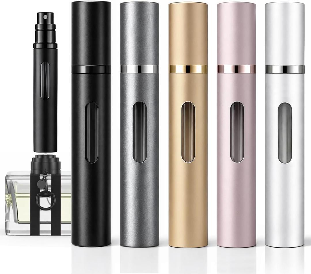 10ml Perfume Atomizer Travel Refillable, 5PCS Perfume Travel Refillable Bottle,Bottom-Filling Fragrances Perfumes Bottle,Mini Cologne Dispenser,Portable Sprayer (Black+Grey+Pink+Gold+Silver)