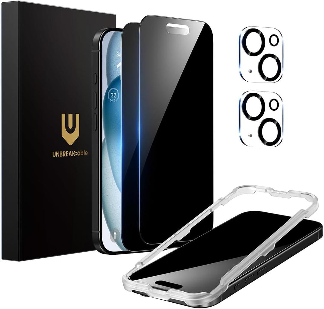 UNBREAKcable iPhone 15 Privacy Screen Protector 2-Pack, Upgraded Dual-Tempered Glass + 2 Camera Lens Protectors, 25 Anti-Spy, Military-Grade 9H+, HD Clear, Anti-Fingerprint, 6.1 Inch