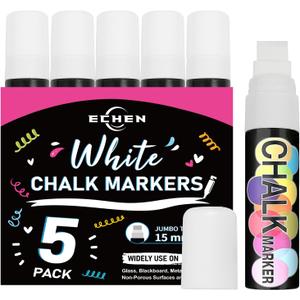 5 Pack Washable Window Markers for Cars, 15mm White Jumbo Liquid Chalk Markers, 3 in 1 Nib, Metallic & Neon Paint Glass Pen for Auto, Chalkboard, Blackboard, Bistro, Menus and Any Non-Porous Surface