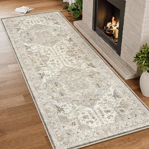 2x6 Washable Hallway Runner Rug - Kitchen Rugs with Non Slip Backing Vintage Soft Farmhouse Entryway Mat for Living Room Laundry Bedroom Brown/Ivory
