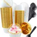 Cupcake Liners with Dome Lids 100Pack, Free-Air 3.5Oz Mini Foil Baking Cups Muffin Liners, Disposable Ramekins Cupcake Tins Cupcake Wrappers for Wedding Birthday Party, with Spoons-White in Gold