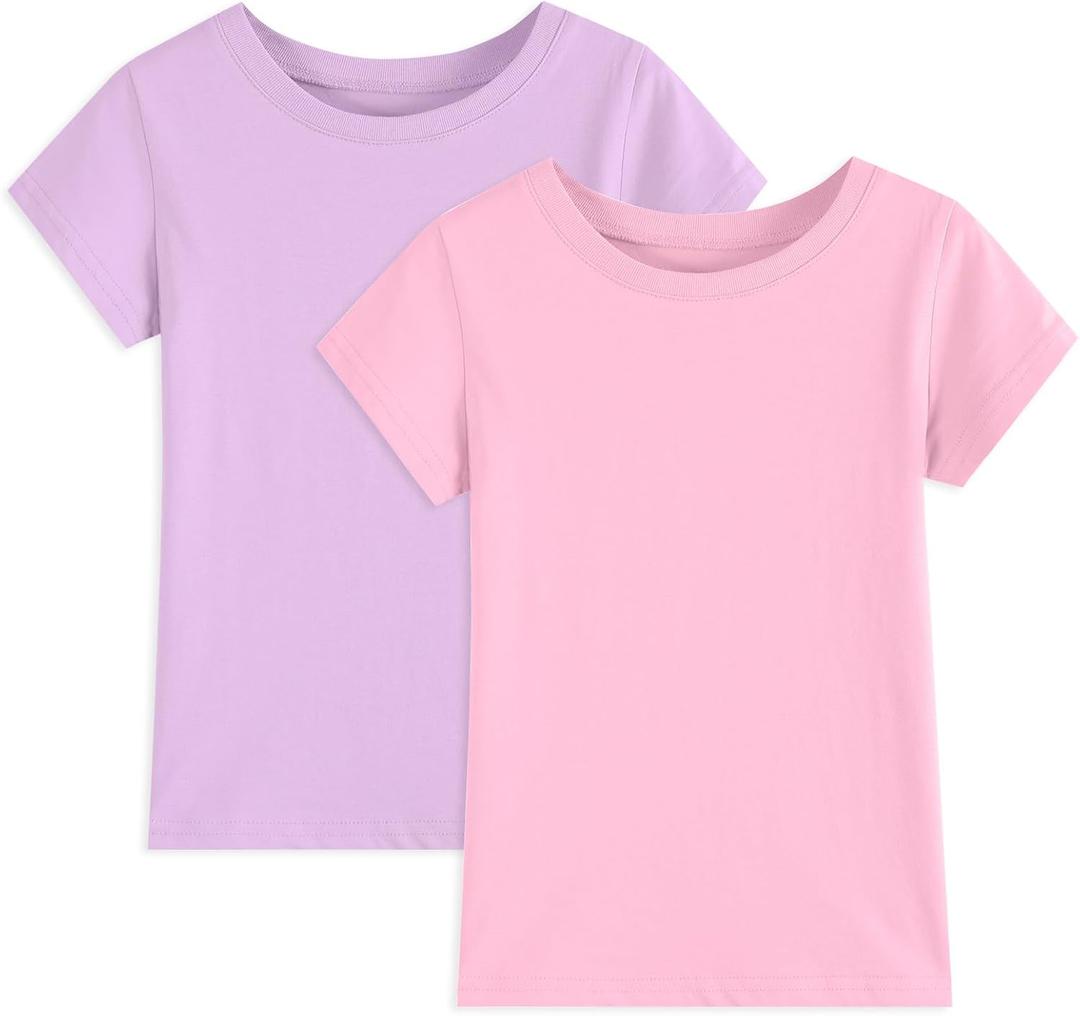 2 Pack Girls/Toddlers Cotton T-Shirts Crewneck Short Sleeve Summer Tops Kids Clothes Tees (13-14 Years, Lavender Purple/Pink)