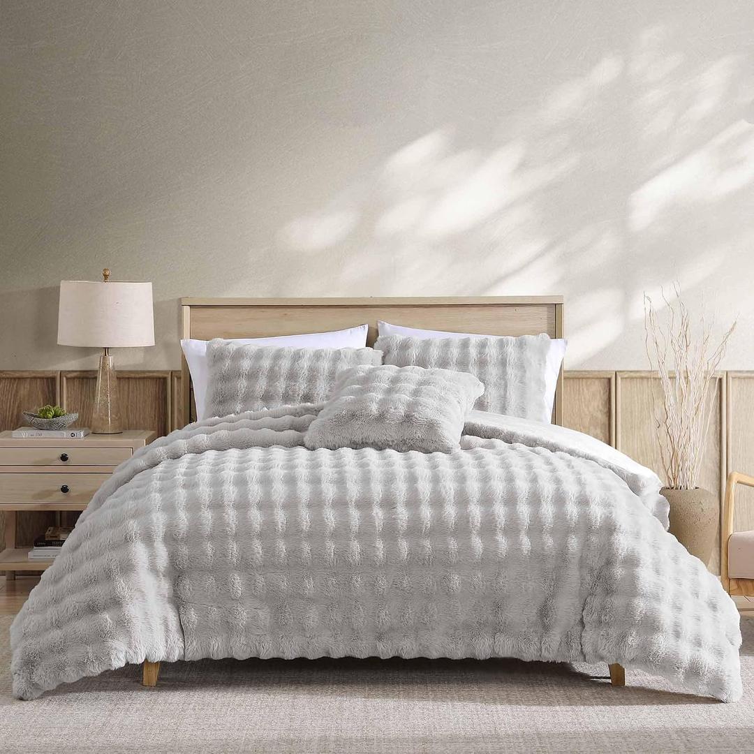 Riverbrook Home Wavy Faux Fur Comforter Bedding Set, Full Queen Size, Textured Decorative Dcor, Gray, 4 Pieces