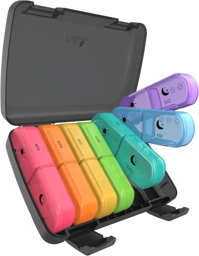 Fullicon Extra Large AM PM Pill Box Organizer 7 Day, Travel Medicine Pill Organizer 2 Times a Day, Large Supplement Vitamin Dispenser, Weekly Jumbo Pill Case Container for Purse (Black Rainbow)