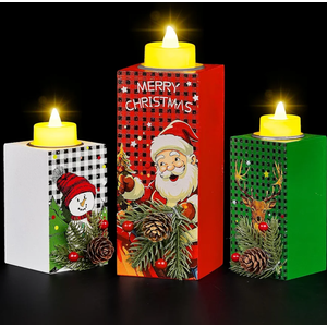 BlcTec Christmas Decorations Indoor, 3 PCS Christmas Wood Candle Holders with LED Tea Lights & 3D Carving Craft, Wood Christmas Centerpieces for Home, Table, Office, Tiered Tray, Shelf Xmas Décor 4 Boxes