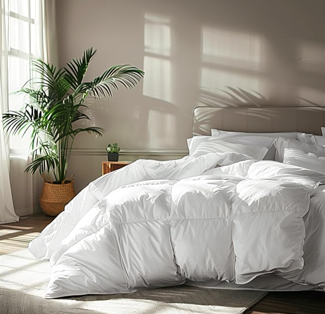 Serta Goose Feather Down Fiber Comforter Queen Size - 100% Cotton Cover Duvet Insert - Hotel Luxury Hypoallergenic Bedding Comforter All Season Medium Warmth 90 x 90 Inch White