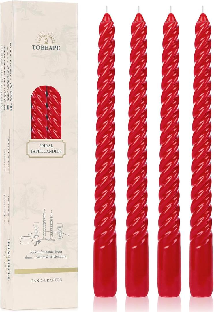 Tobeape Red Spiral Taper Candles 10 Inch - 4 Pack Red Twisted Tapered Candle Sticks - Dripless Unscented Smokeless - Long Burning Decorative Candlesticks for Dinner Wedding Party Table Home Decor