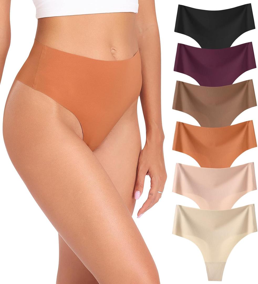 Wealurre Womens Underwear High Waisted Seamless Thongs for Women Breathable No Show Panties for Ladies 6 Pack (L)