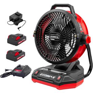 ECOMAX 12" AC/DC Bucket Top Misting Fan, Cordless with 2x20V Batteries & 2A Charger, 2-Speed Airflow & 2-Speed Mist Cooling Fan for Outdoor, Patio, Camping, Fits for 5-Gallon Bucket & Garden Hose
