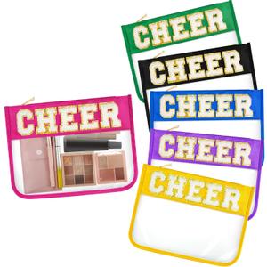 Aliceset 6 Pcs Cheer Chenille Letter Preppy Patch Makeup Snack Bags,Gift for Women Waterproof PVC Cosmetic Organizer Storage,Flat Clear Portable Toiletry Zipper Pouch(Bright Color)