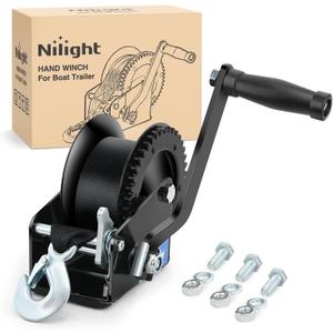 Nilight Boat Trailer Winch 1200 Lbs Hand Crank Winch Heavy Duty Boat Winches with 23Ft Strap Rope Hook 2-Way Ratchet 4:1 Gear Portable Marine Manual Winch for Trailers Boats RV ATV Jet Ski Towing (Black)