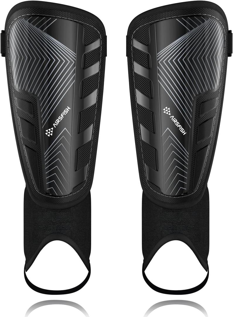 Upgraded Soccer Shin Guards Pads for Kids Youth Adults, CE Certified AirsFish Shin Guard Sleeves Protection Gear for Boys Girls Soccer Games EVA Cushion Reduce Shocks and Injuries (Large, Black)