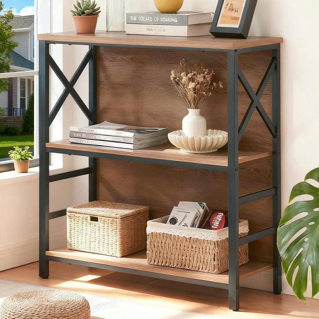 MNEETRUNG Small Bookshelf,3 Tier Industrial Bookcase with Metal Frame and Backboard,Low Rustic Brown Book Shelf,Book case for Small Spaces,Living Room,Bedroom and Home Office