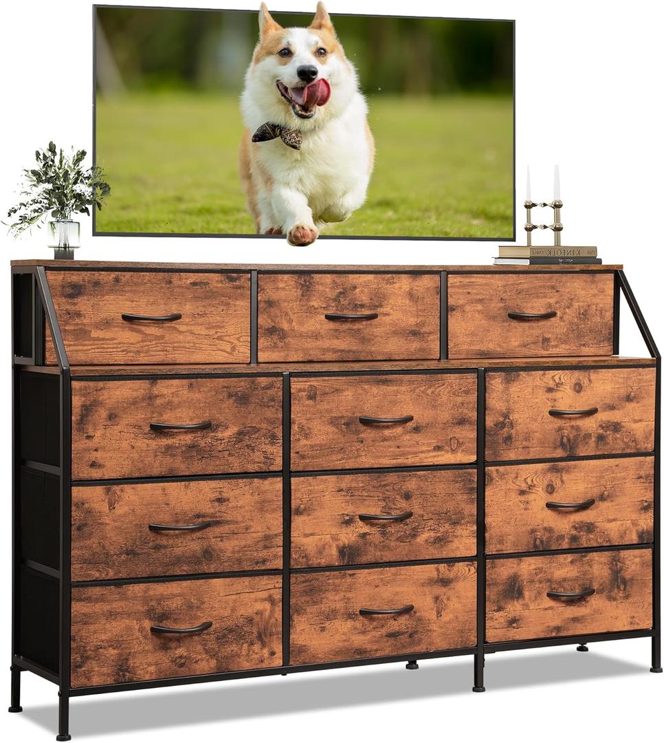 TV Stand Dresser with 12 Drawers, Up to 55" TV Stand with Power Outlets, Bedroom Dresser, Chest of Drawers for 65'' Long TV, Entertainment Center for Living Room (Rustic Brown)