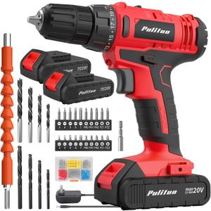 PULITUO 20V Cordless Drill/Driver, 2 Batteries Electric Screwdriver, 30Nm Power Drill Driver, 21+1 Torque, 2 Speed, 3/8"Keyless Chuck, power Drill with LED Light, Drill Driver Kit for Home (Red)