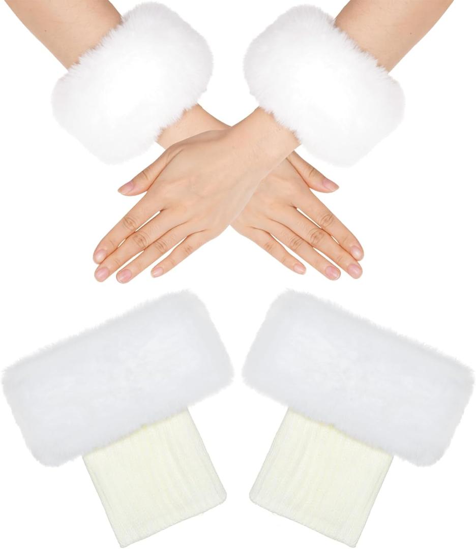 choyaxo Faux Fur Short Wrist Cuff Set Incluidng Fuzzy Arm Warmers Boot Cuffs Furry for Women Girls (White)