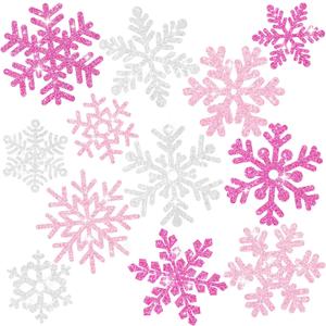 Whaline 48Pcs Christmas Snowflake Cut-Outs Glitter Pink White Cutouts Double-Sided Cut-Outs with Glue Point for Xmas Winter Wonderland Frozen Party Home Decoration, Assorted Sizes